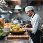 Étudiant en stage d'hôtellerie en Espagne servant des clients dans un bar ou un restaurant animé