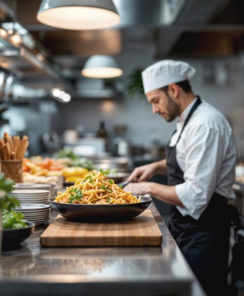 Becario de hostelería que atiende a clientes en España
