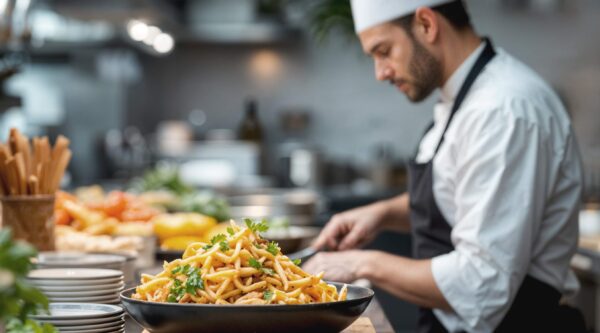 Étudiant en stage d'hôtellerie en Espagne servant des clients dans un bar ou un restaurant animé