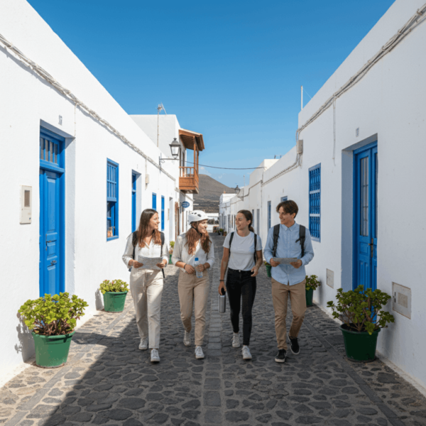 Los estudiantes caminando por la ciudad callejón